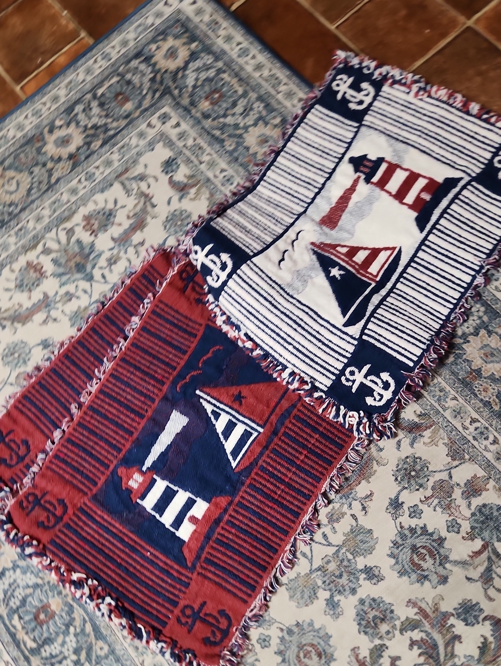 Vtg Woven Tapestry Placemats Lot of 3, Nautical Lighthouse Sailboat Anchor, Coas